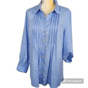 Orvis Blouse Linen Size 14 100%  Pintuck Roll Tab Sleeve Sky Blue  Easter